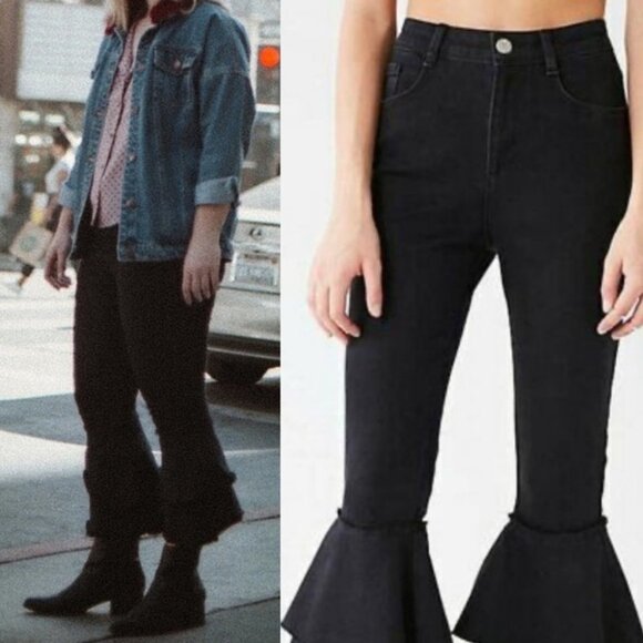 URBAN Outfitters‎ Ruffle Flare Jeans High Rise Black Size 24 Bell Bottom Denim - Picture 1 of 14